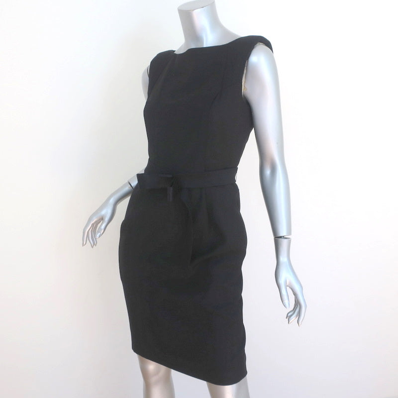 Hanii Y Belted Sheath Dress Black Wool Size 40 Sleeveless Boatneck