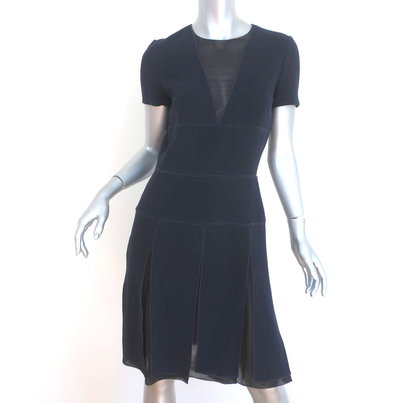 Christian Dior Short Sleeve Dress Navy Wool Crepe with Chiffon Insets Celebrity Owned Christian Dior Short Sleeve Dress Navy Wool Crepe with Chiffon Insets Celebrity Owned