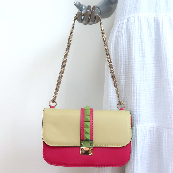 Valentino Glam Lock Rockstud Medium Flap Bag Green &amp; Pink Leather Crossbody