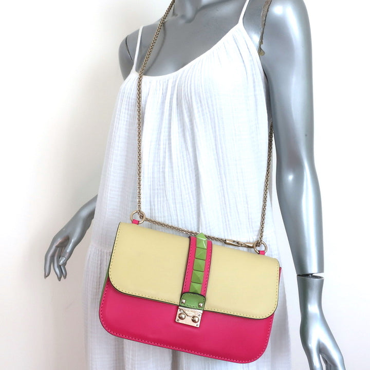 Valentino Glam Lock Rockstud Medium Flap Bag Green &amp; Pink Leather Crossbody