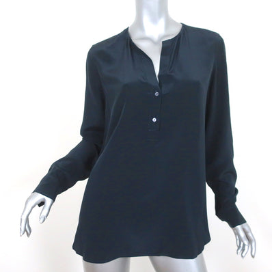 Vince Henley Blouse Navy Silk Size 10 Long Sleeve Top