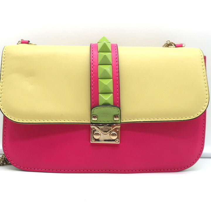 Valentino Glam Lock Rockstud Medium Flap Bag Green &amp; Pink Leather Crossbody
