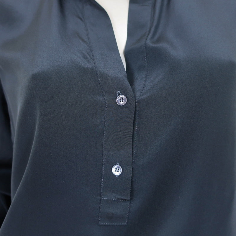 Vince Henley Blouse Navy Silk Size 10 Long Sleeve Top