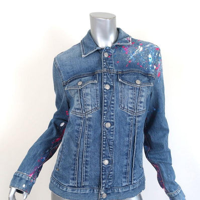 7 For All Mankind Paint Splatter Jean Jacket Blue Stretch Denim Size Medium - Celebrity Owned