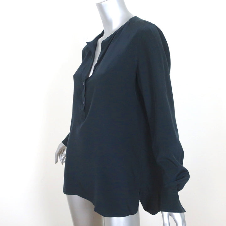 Vince Henley Blouse Navy Silk Size 10 Long Sleeve Top