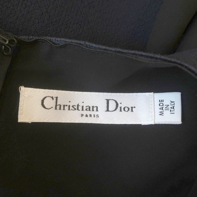Christian Dior Short Sleeve Dress Navy Wool Crepe with Chiffon Insets Size US 6