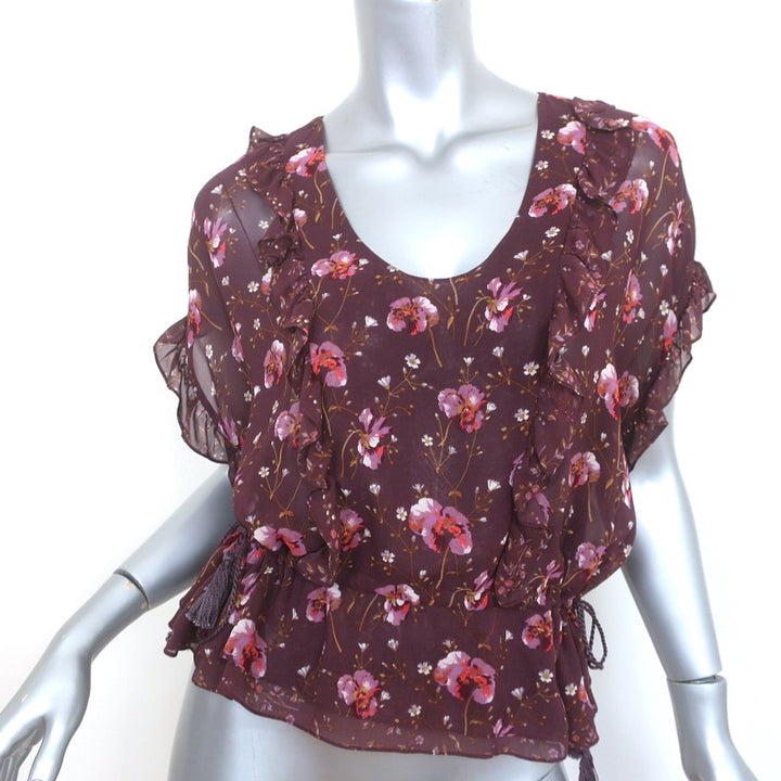 Ulla Johnson Tassel Top Wine Floral Print Ruffled Silk Size 2 Short Sleeve