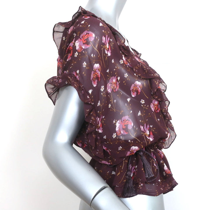 Ulla Johnson Tassel Top Wine Floral Print Ruffled Silk Size 2 Short Sleeve