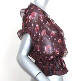 Ulla Johnson Tassel Top Wine Floral Print Ruffled Silk Size 2 Short Sleeve