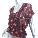 Ulla Johnson Tassel Top Wine Floral Print Ruffled Silk Size 2 Short Sleeve