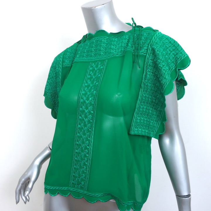 Isabel Marant Etoile Blouse Audrina Green Embroidered Crepe Size 36