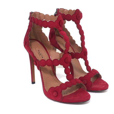 Alaia Cage Sandals Red Laser Cut Suede Size 37 Open Toe Heels available at CelebrityOwned.com img_1