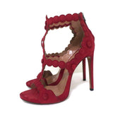 Alaia Cage Sandals Red Laser Cut Suede Size 37 Open Toe Heels available at CelebrityOwned.com img_6