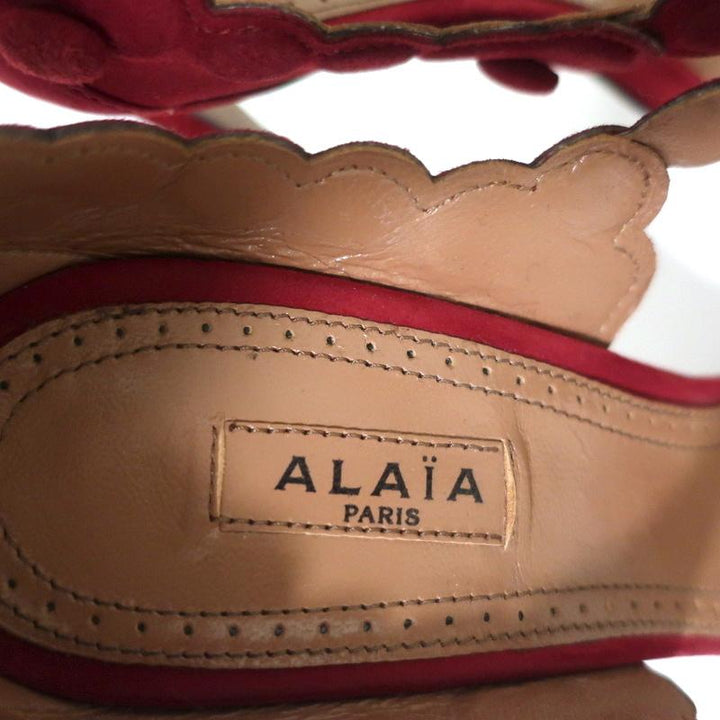 Alaia Cage Sandals Red Laser Cut Suede Size 37 Open Toe Heels available at CelebrityOwned.com img_9