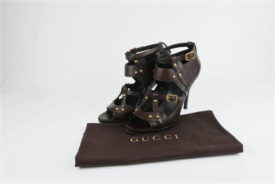 Gucci Booties Dark Brown Studded Leather Size 8.5 Open Toe Cutout Ankle Boots available at CelebrityOwned.com img_1
