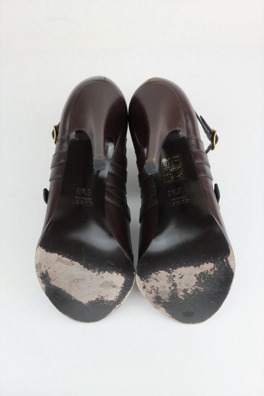 Gucci Booties Dark Brown Studded Leather Size 8.5 Open Toe Cutout Ankle Boots available at CelebrityOwned.com img_8