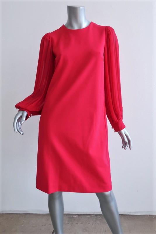 Gucci Pleated-Sleeve Shift Dress Magenta Silk &amp; Stretch Crepe Size Medium available at CelebrityOwned.com img_2