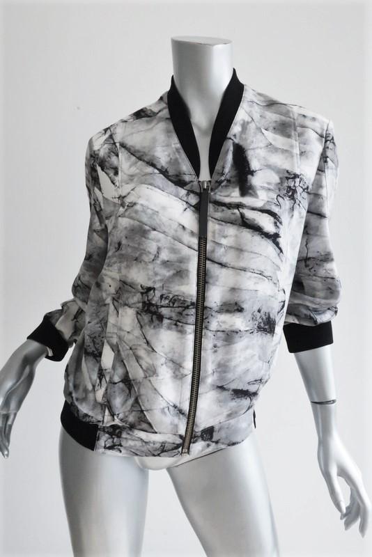 Helmut Lang Bomber Jacket Terrene White/Gray Printed Silk Size Petite available at CelebrityOwned.com img_1