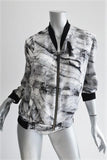 Helmut Lang Bomber Jacket Terrene White/Gray Printed Silk Size Petite available at CelebrityOwned.com img_1
