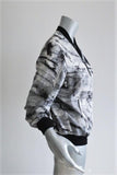 Helmut Lang Bomber Jacket Terrene White/Gray Printed Silk Size Petite available at CelebrityOwned.com img_3