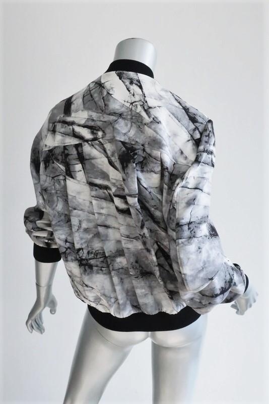 Helmut Lang Bomber Jacket Terrene White/Gray Printed Silk Size Petite available at CelebrityOwned.com img_4