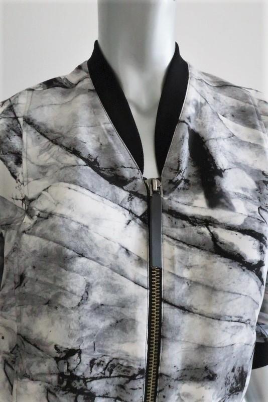 Helmut Lang Bomber Jacket Terrene White/Gray Printed Silk Size Petite available at CelebrityOwned.com img_5