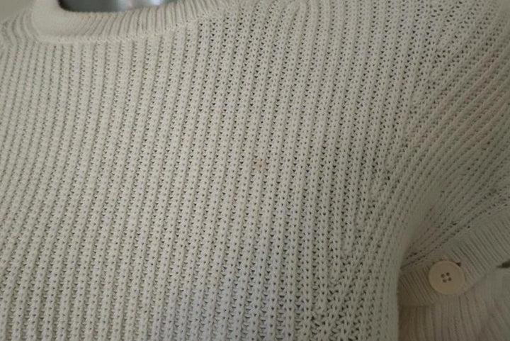 Helmut Lang Detachable Sleeve Pullover Sweater Cream Ribbed Cotton Size Medium available at CelebrityOwned.com img_3