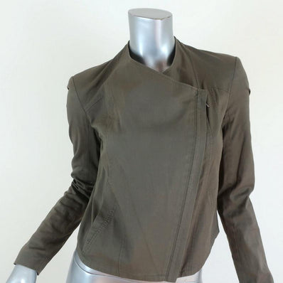 Helmut Lang Draped Moto Jacket Olive Stretch Cotton Size Petite available at CelebrityOwned.com img_1