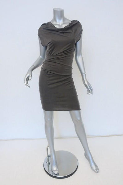Helmut Lang Dress Gray Draped Shale Jersey Size Petite Cap Sleeve Mini available at CelebrityOwned.com img_1