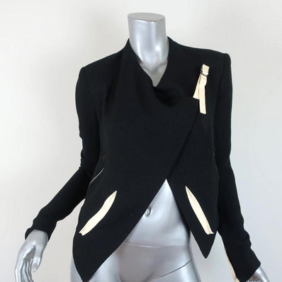 Helmut Lang Sugar Cropped Jacket Black/Cream Leather-Trim Crepe Size 0 available at CelebrityOwned.com img_1
