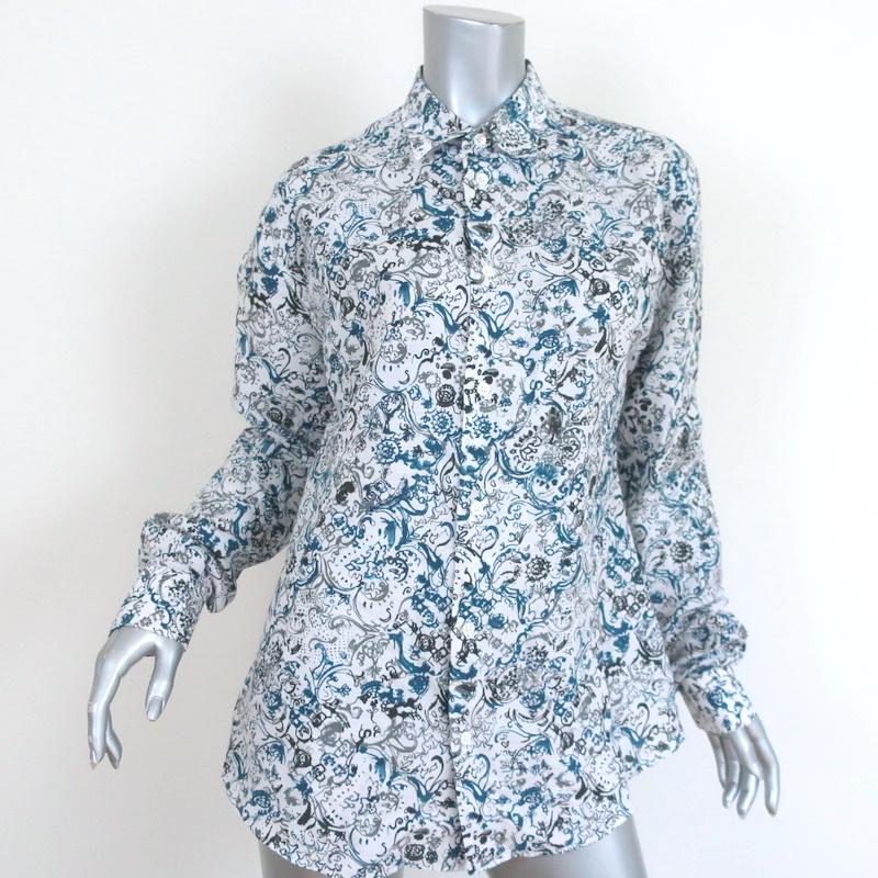 Hermes Button Down Shirt White/Blue Printed Linen-Cotton Size 40 Long Sleeve Top available at CelebrityOwned.com img_1