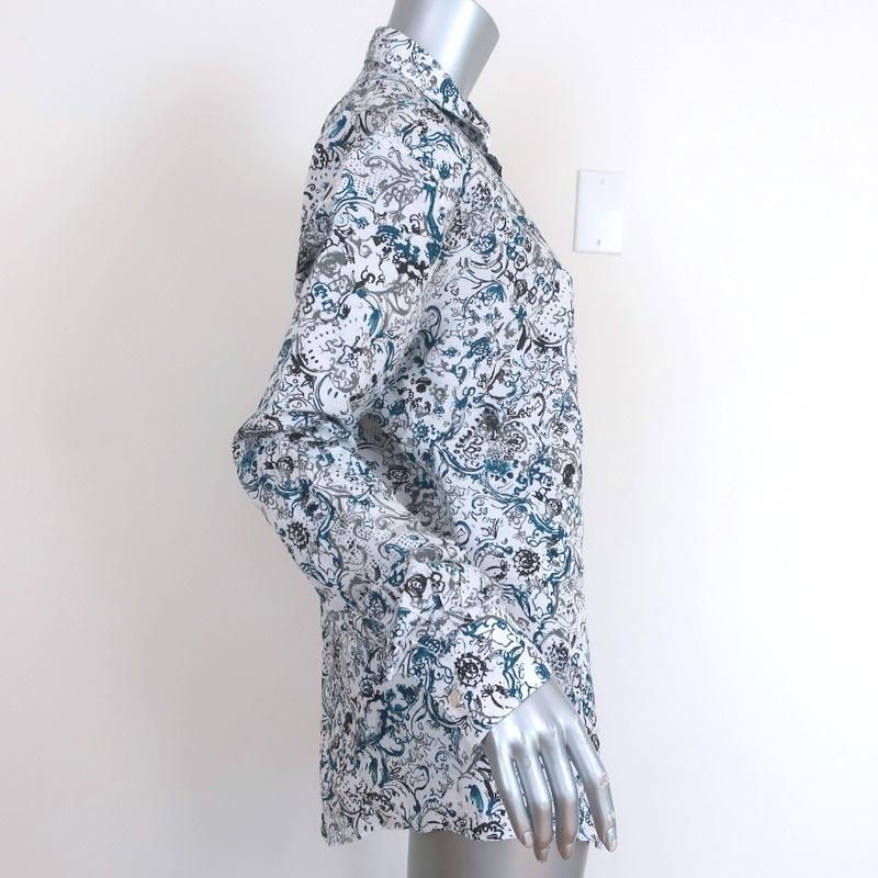 Hermes Button Down Shirt White/Blue Printed Linen-Cotton Size 40 Long Sleeve Top available at CelebrityOwned.com img_4