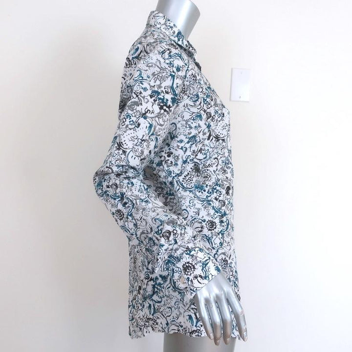 Hermes Button Down Shirt White/Blue Printed Linen-Cotton Size 40 Long Sleeve Top available at CelebrityOwned.com img_4