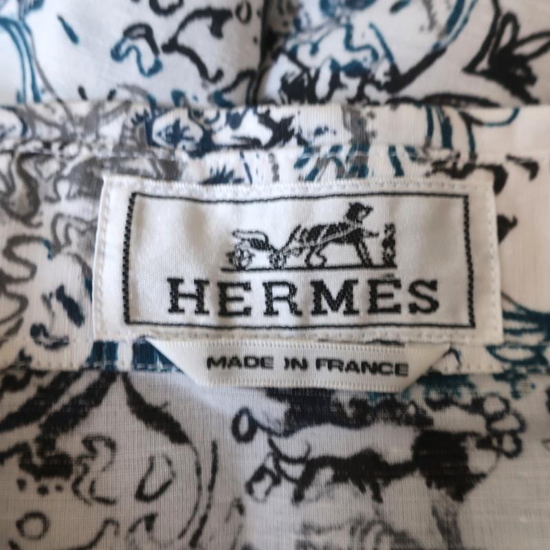 Hermes Button Down Shirt White/Blue Printed Linen-Cotton Size 40 Long Sleeve Top available at CelebrityOwned.com img_7