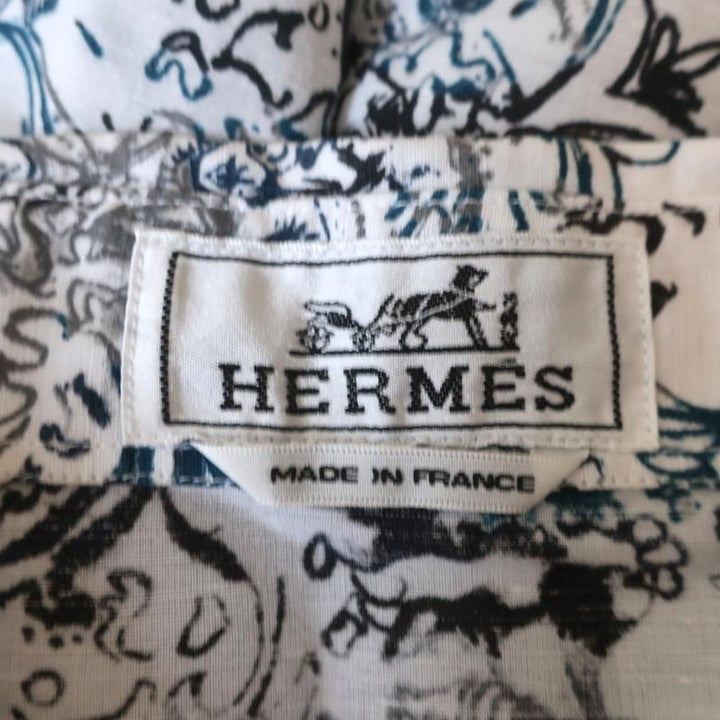 Hermes Button Down Shirt White/Blue Printed Linen-Cotton Size 40 Long Sleeve Top available at CelebrityOwned.com img_7