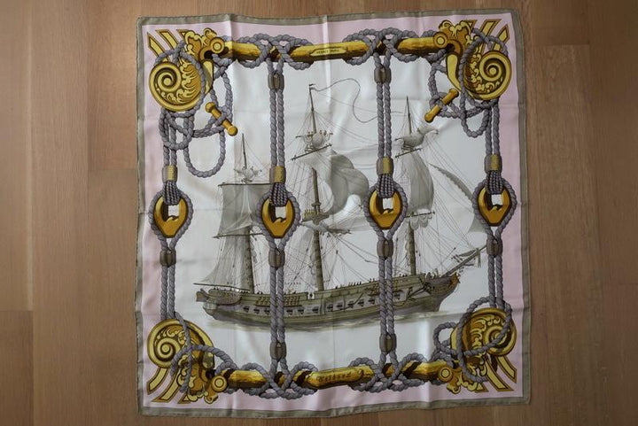Hermes Tribord by Julia Abadie 90cm Scarf Cream/Pink Silk Twill available at CelebrityOwned.com img_1