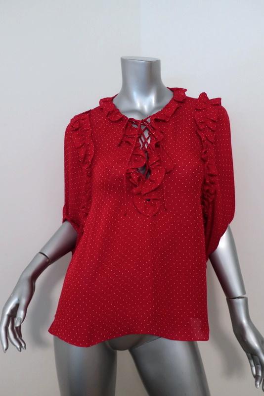 ICONS Lace-Up Blouse Red Polka Dot Print Silk Size Small Ruffle-Trim Top NEW available at CelebrityOwned.com img_1