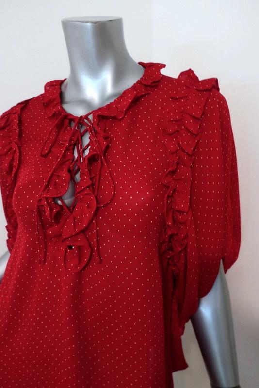 ICONS Lace-Up Blouse Red Polka Dot Print Silk Size Small Ruffle-Trim Top NEW available at CelebrityOwned.com img_2