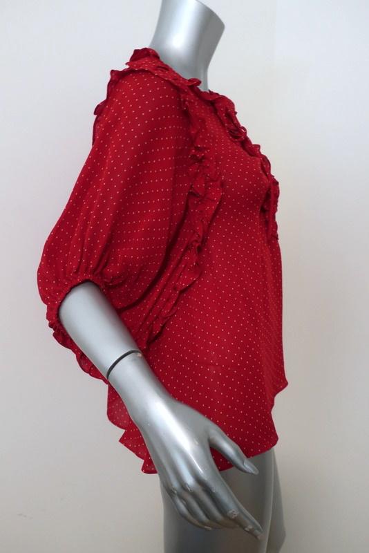 ICONS Lace-Up Blouse Red Polka Dot Print Silk Size Small Ruffle-Trim Top NEW available at CelebrityOwned.com img_3