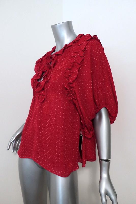 ICONS Lace-Up Blouse Red Polka Dot Print Silk Size Small Ruffle-Trim Top NEW available at CelebrityOwned.com img_4