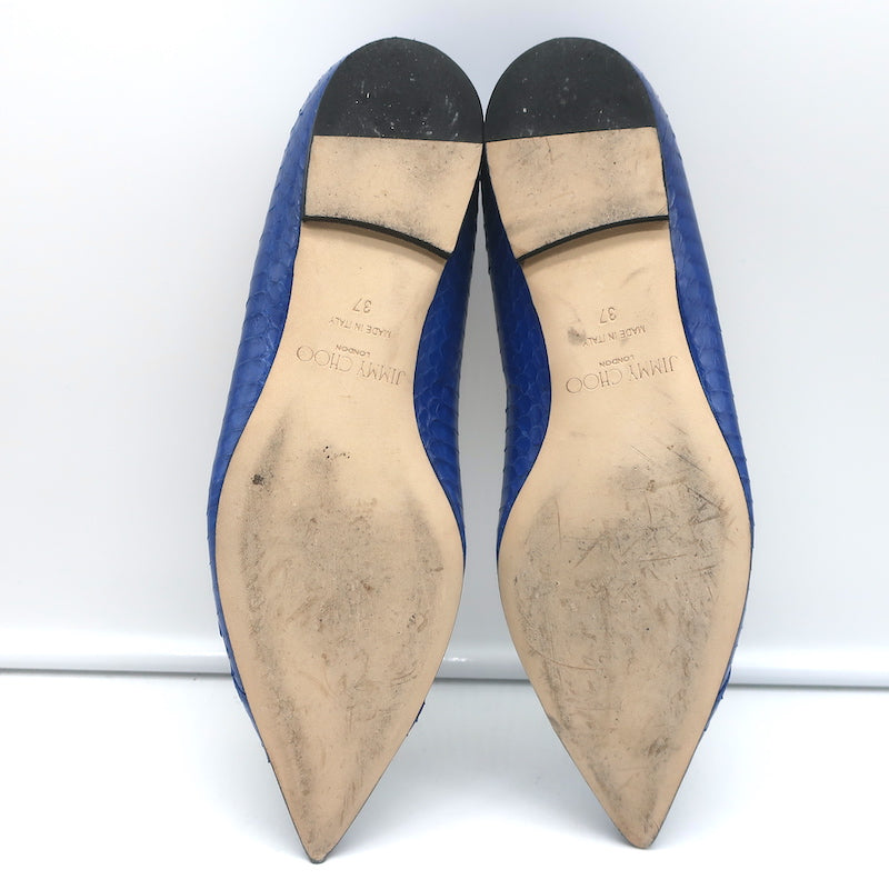 Jimmy Choo Attila Pointed Toe Flats Blue Elaphe Snakeskin Size 37