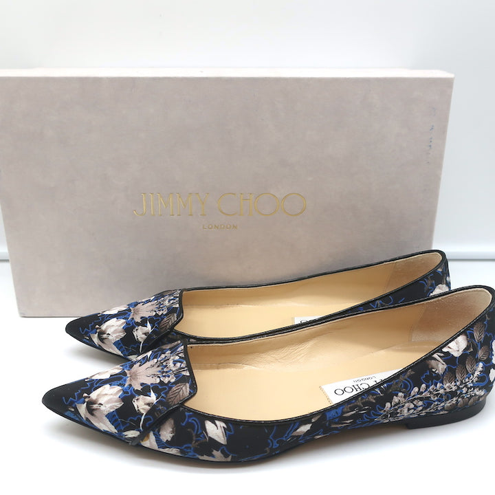 Jimmy Choo Attila Pointed Toe Ballet Flats English Floral Print Satin Size 37
