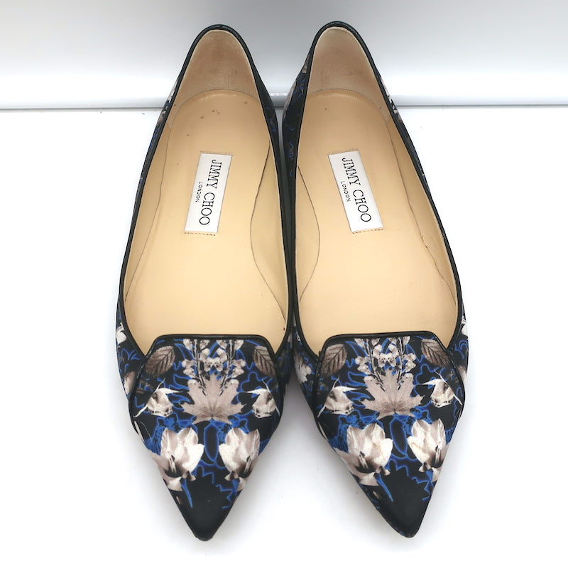 Jimmy Choo Attila Pointed Toe Ballet Flats English Floral Print Satin Size 37