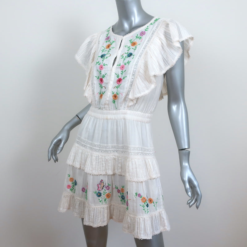 LoveShackFancy Mini Dress Romy Cream Floral-Embroidered Cotton Size Medium