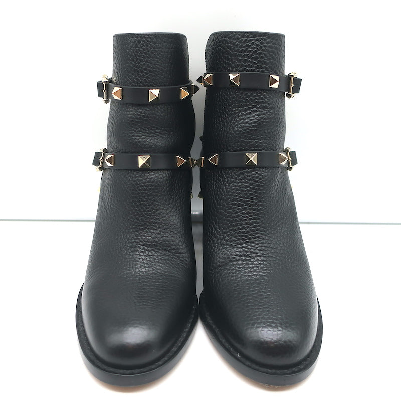Valentino Rockstud Ankle Boots Black Grained Leather Size 35.5 Mid-Heel Booties