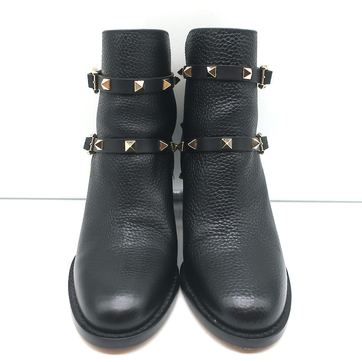 Valentino Rockstud Ankle Boots Black Grained Leather Size 35.5 Mid-Heel Booties