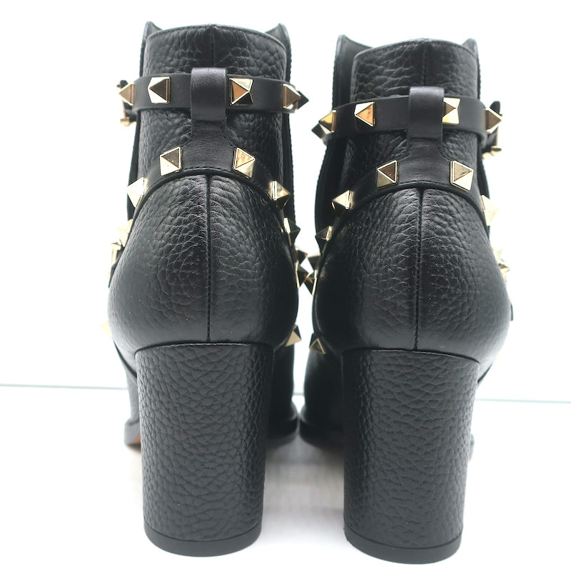 Valentino Rockstud Ankle Boots Black Grained Leather Size 35.5 Mid-Heel Booties