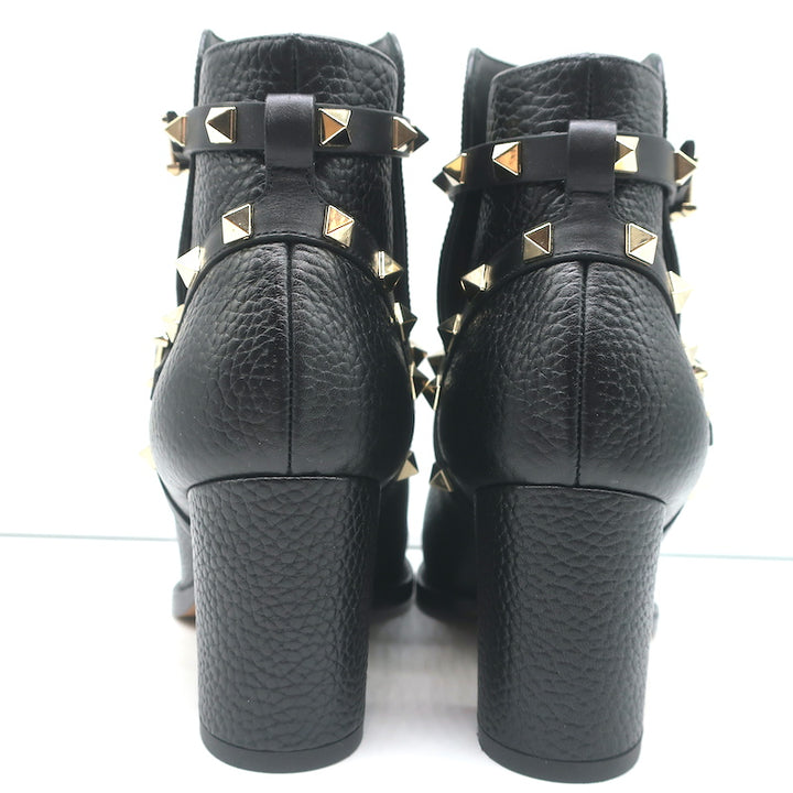 Valentino Rockstud Ankle Boots Black Grained Leather Size 35.5 Mid-Heel Booties