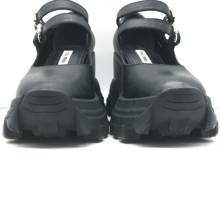 Miu Miu Platform Mary Jane Wedge Sneakers Black Leather Size 35
