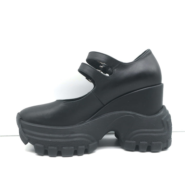 Miu Miu Platform Mary Jane Wedge Sneakers Black Leather Size 35